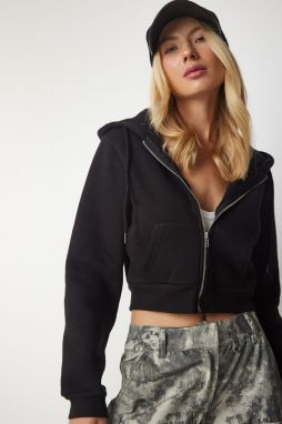 Happiness İstanbul Women's Black Hooded Zipper Crop Sweatshirt