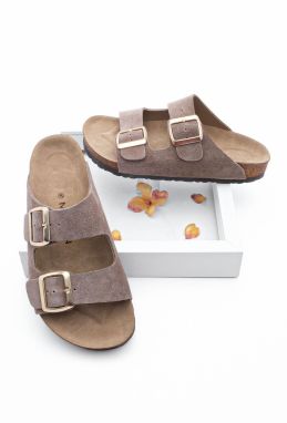 Marjin Women's Genuine Leather Daily Slippers With Double Straps, Eva Sole Poly Mink.
