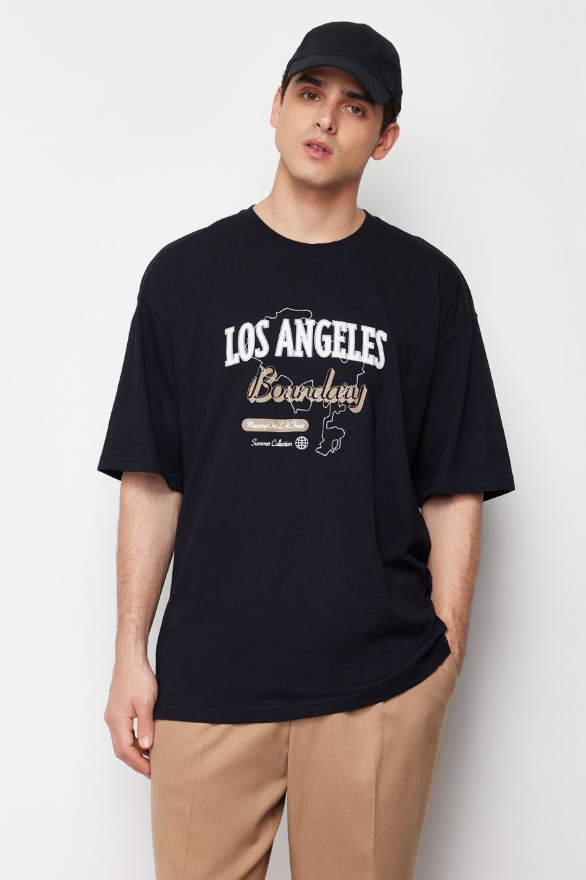 Trendyol Black Oversize City Printed Embroidered 100% Cotton T-Shirt