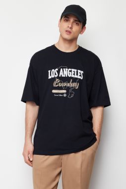 Trendyol Black Oversize City Printed Embroidered 100% Cotton T-Shirt