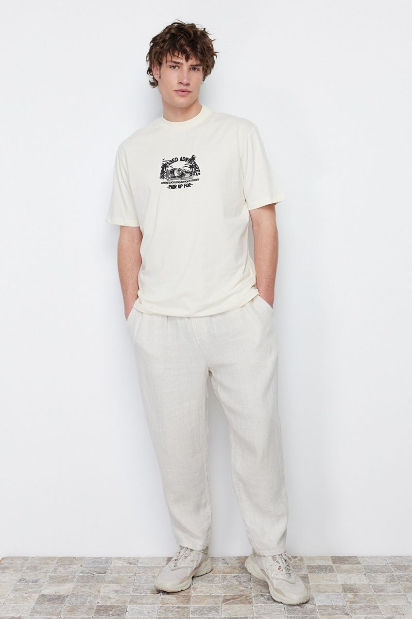 Trendyol Stone Relaxed / Casual Cut Fluffy Landscape Printed Short Sleeve 100% Cotton T-Shirt