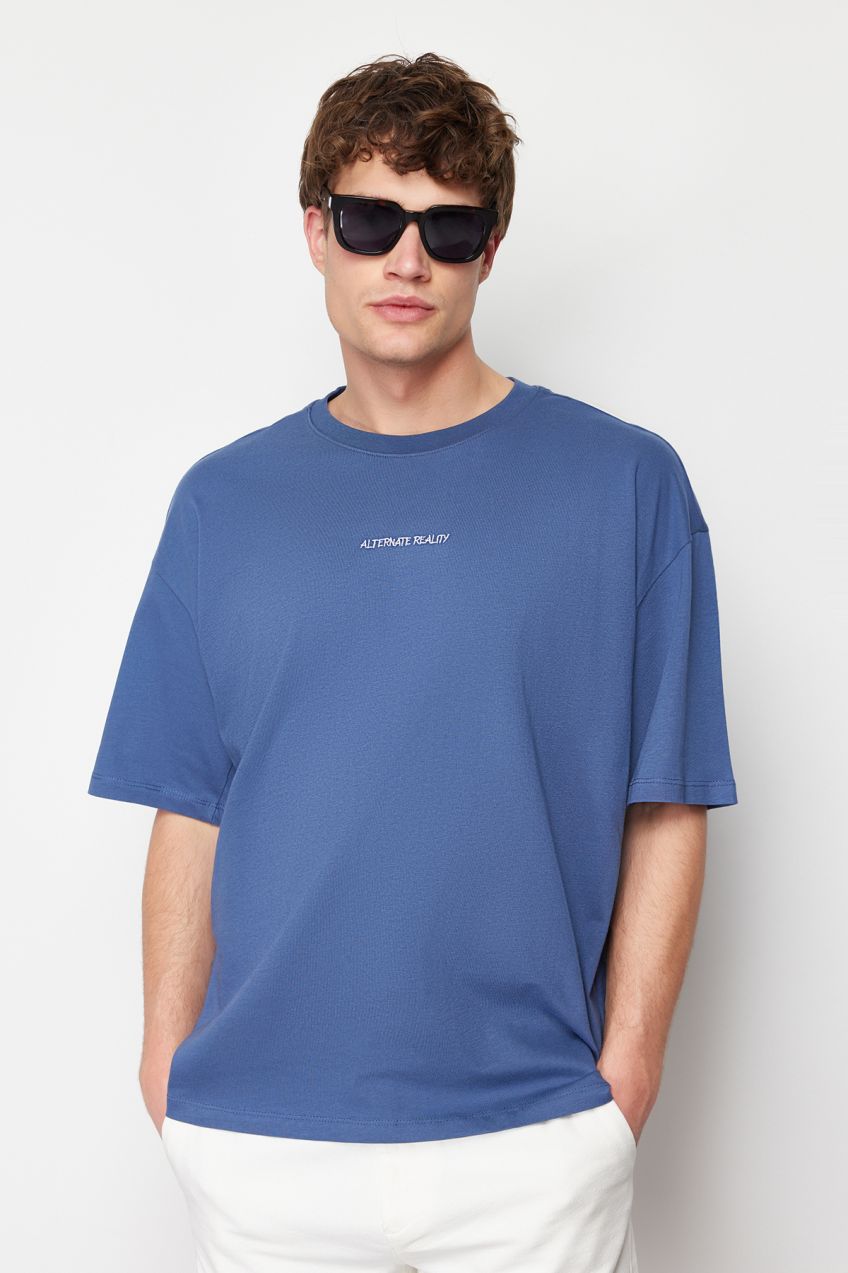 Trendyol Indigo Oversize/Wide Cut 100% Text Embroidered T-Shirt