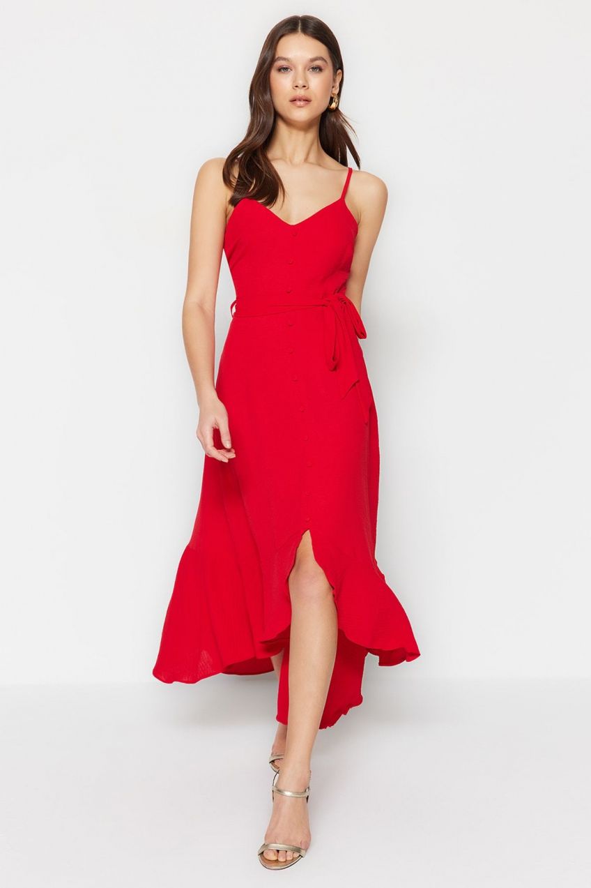 Trendyol Red Belted A-Cut Flounced Button Detailed Woven Maxi Dress