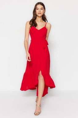 Trendyol Red Belted A-Cut Flounced Button Detailed Woven Maxi Dress