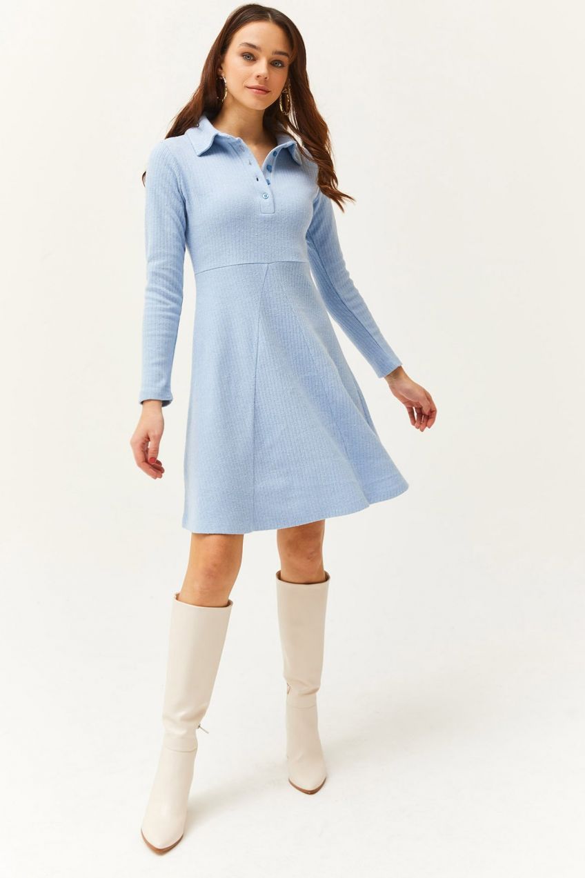 Olalook Women's Baby Blue Polo Collar Buttoned Mini Flared Dress