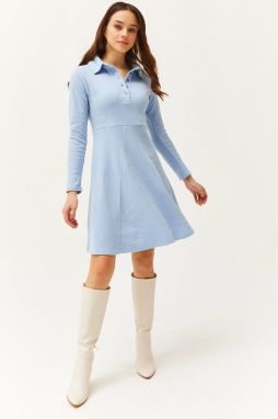 Olalook Women's Baby Blue Polo Collar Buttoned Mini Flared Dress