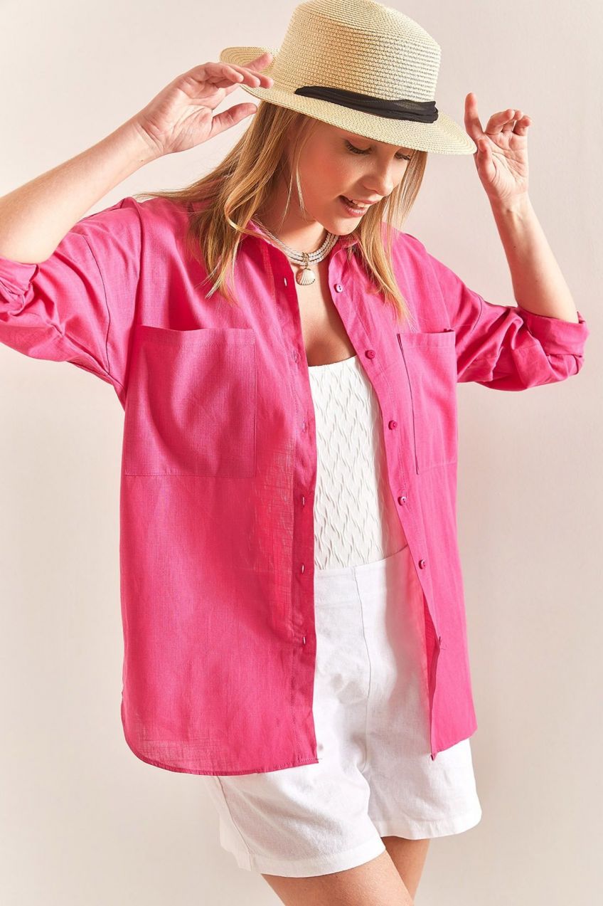Bianco Lucci Women's Double Pocket Oversize Linen Shirt