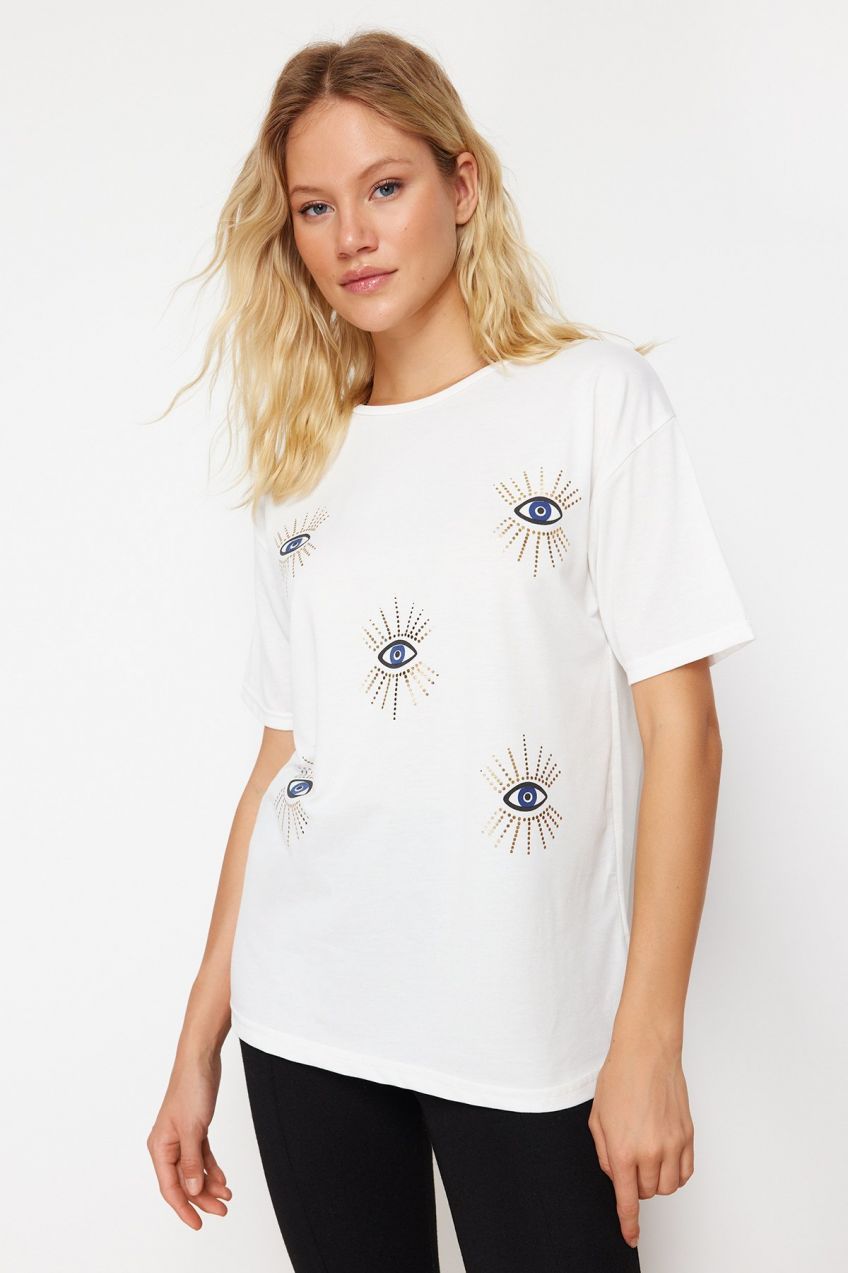 Trendyol White Printed Relaxed/Comfortable Cut Evil Eye Beaded Knitted T-Shirt