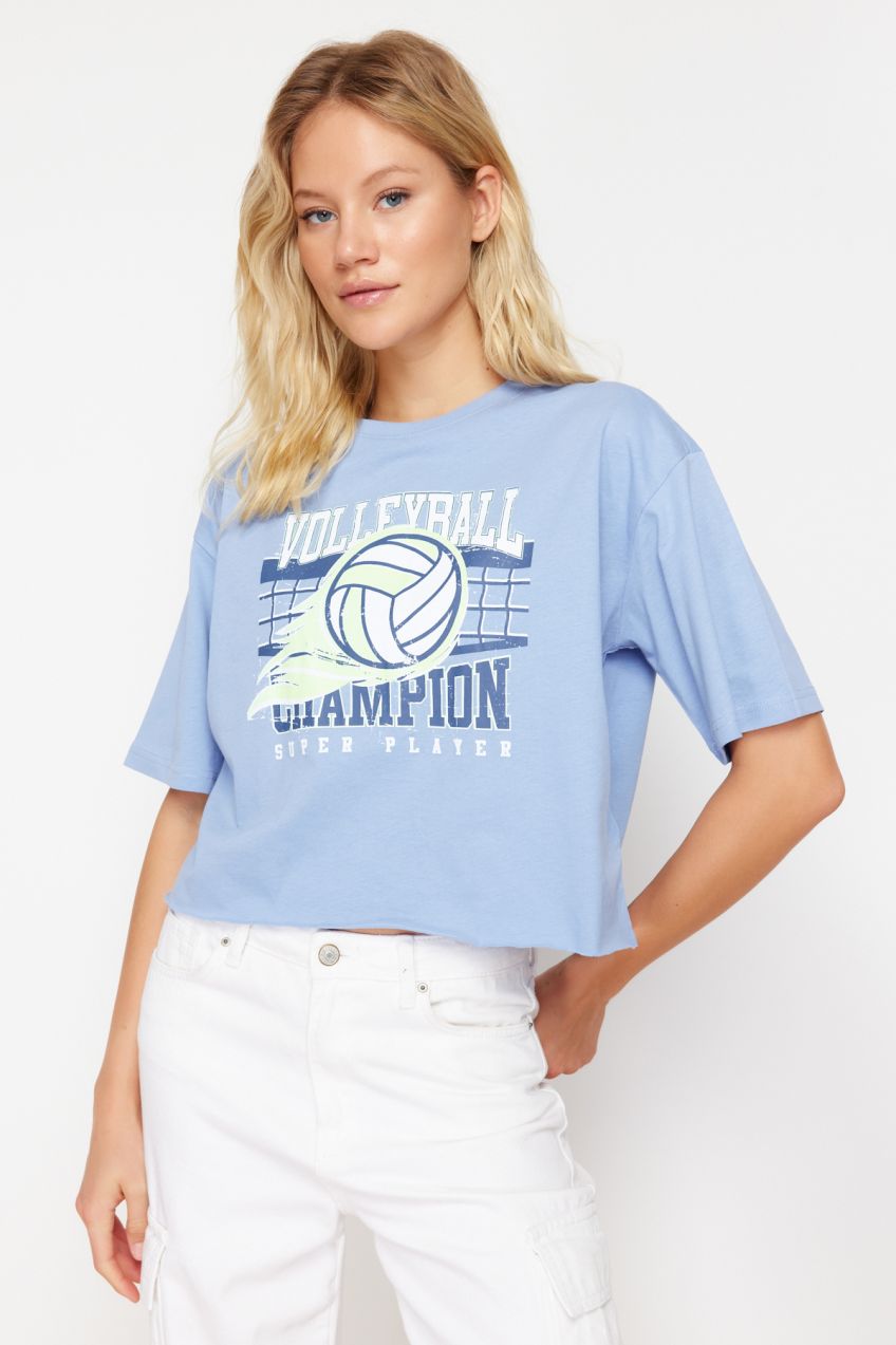 Trendyol Blue Relaxed/Comfortable Pattern Printed Crew Neck Crop Knitted T-Shirt