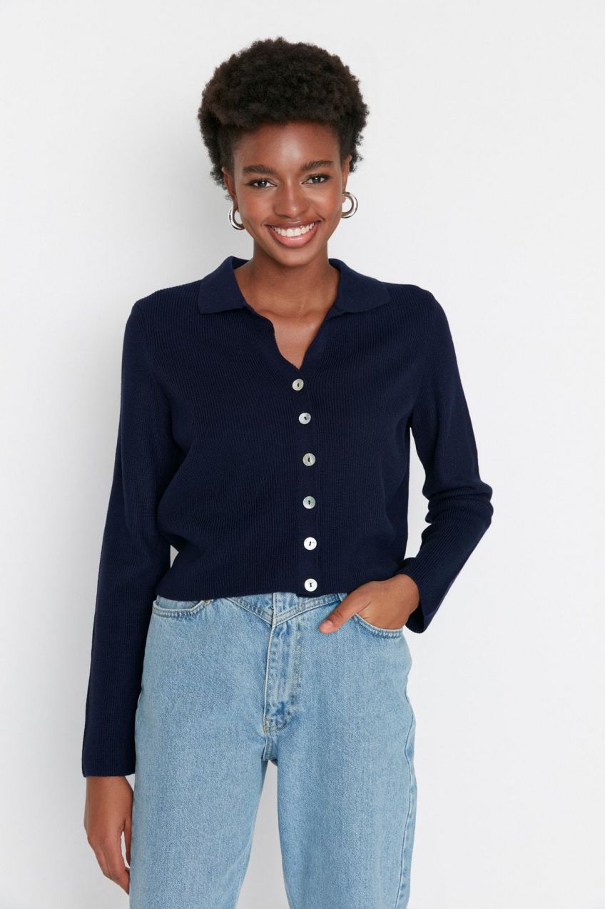 Trendyol Navy Blue Crop Basic Pletený sveter