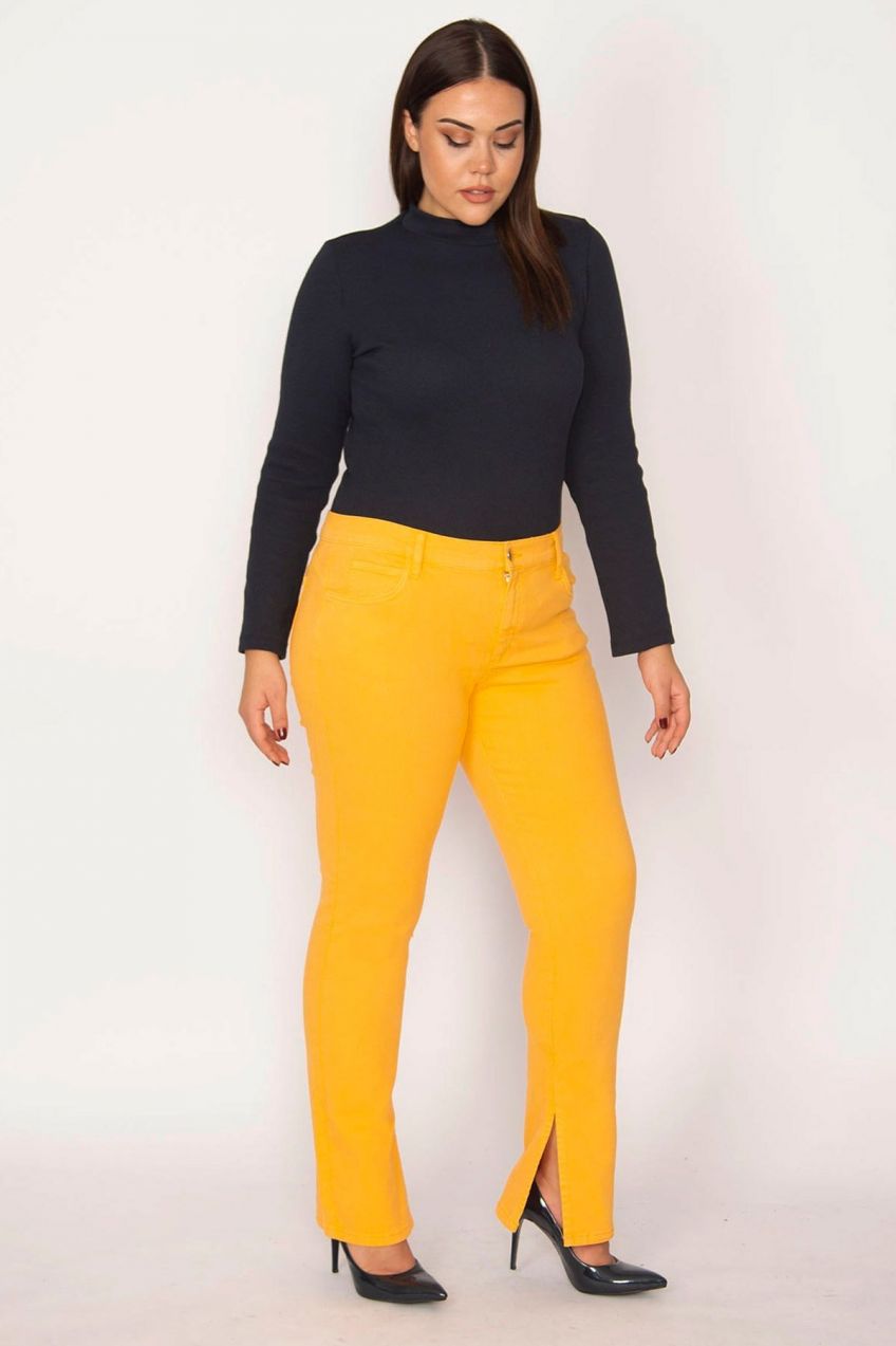 Şans Women's Plus Size Orange High Waist Slit 5 Pockets Jeans.