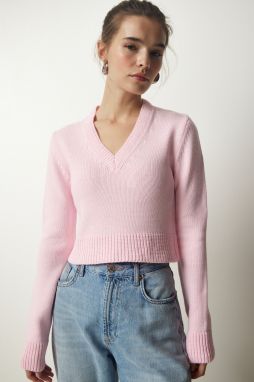 Happiness İstanbul Women's Light Pink V-Neck Crop Knitwear Sweater
