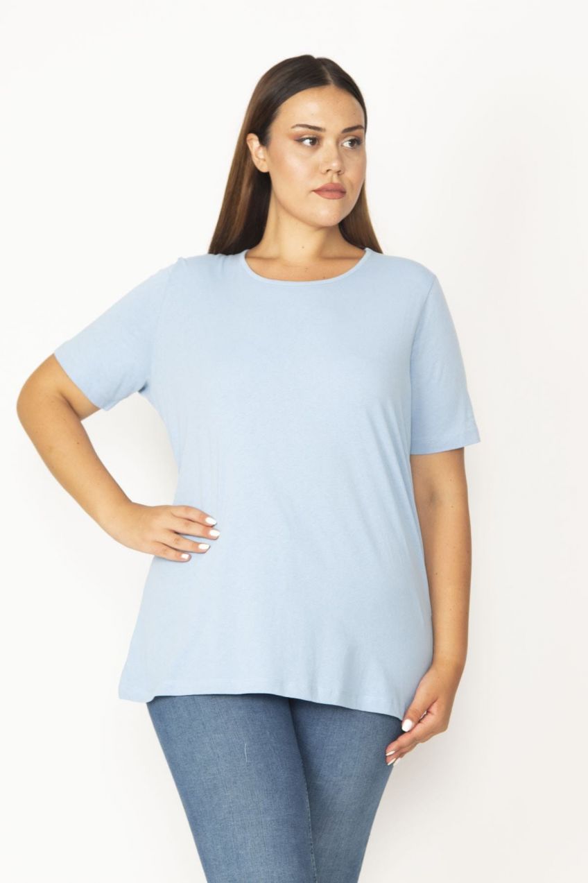 Şans Women's Plus Size Blue Cotton Fabric Crewneck Short Sleeve Blouse