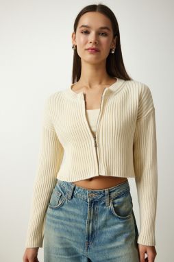 Happiness İstanbul Women's Cream Zipper Ribbed Crop Knitwear Cardigan