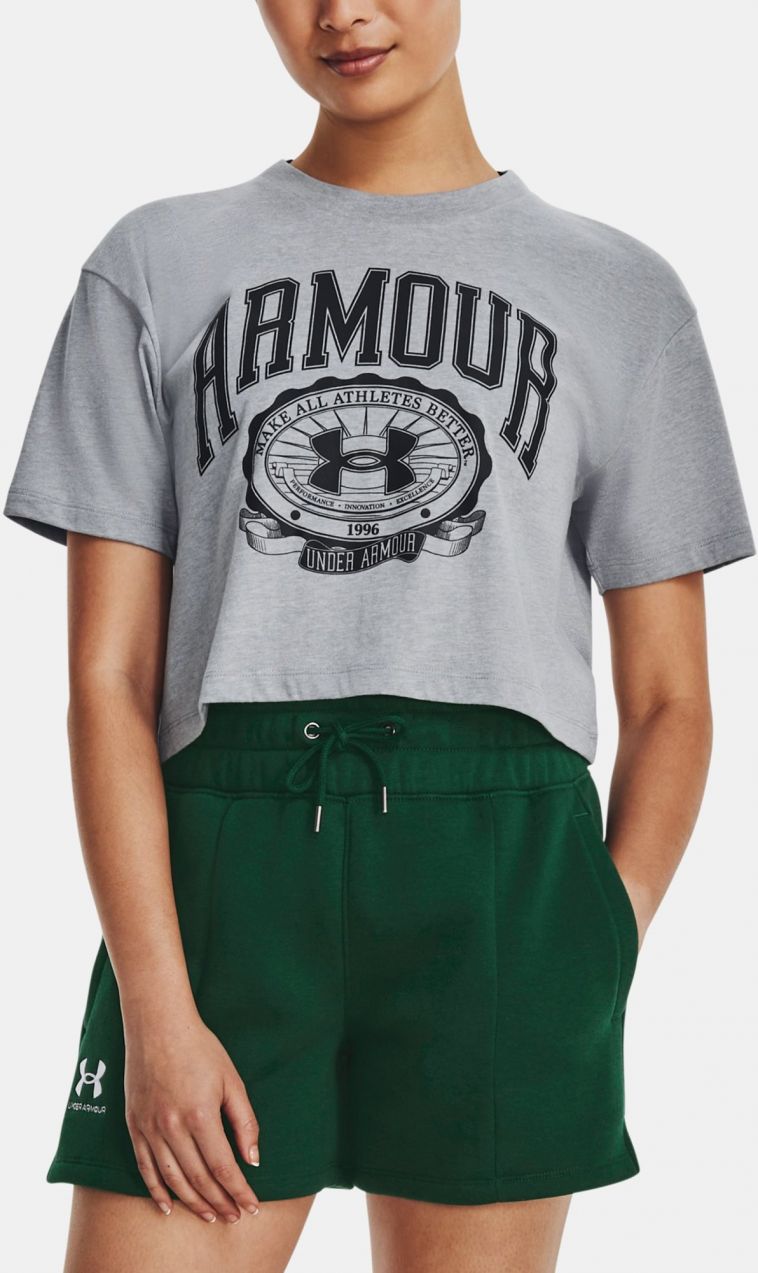 Šedé dámske športové tričko Under Armour UA COLLEGIATE CREST CROP SS