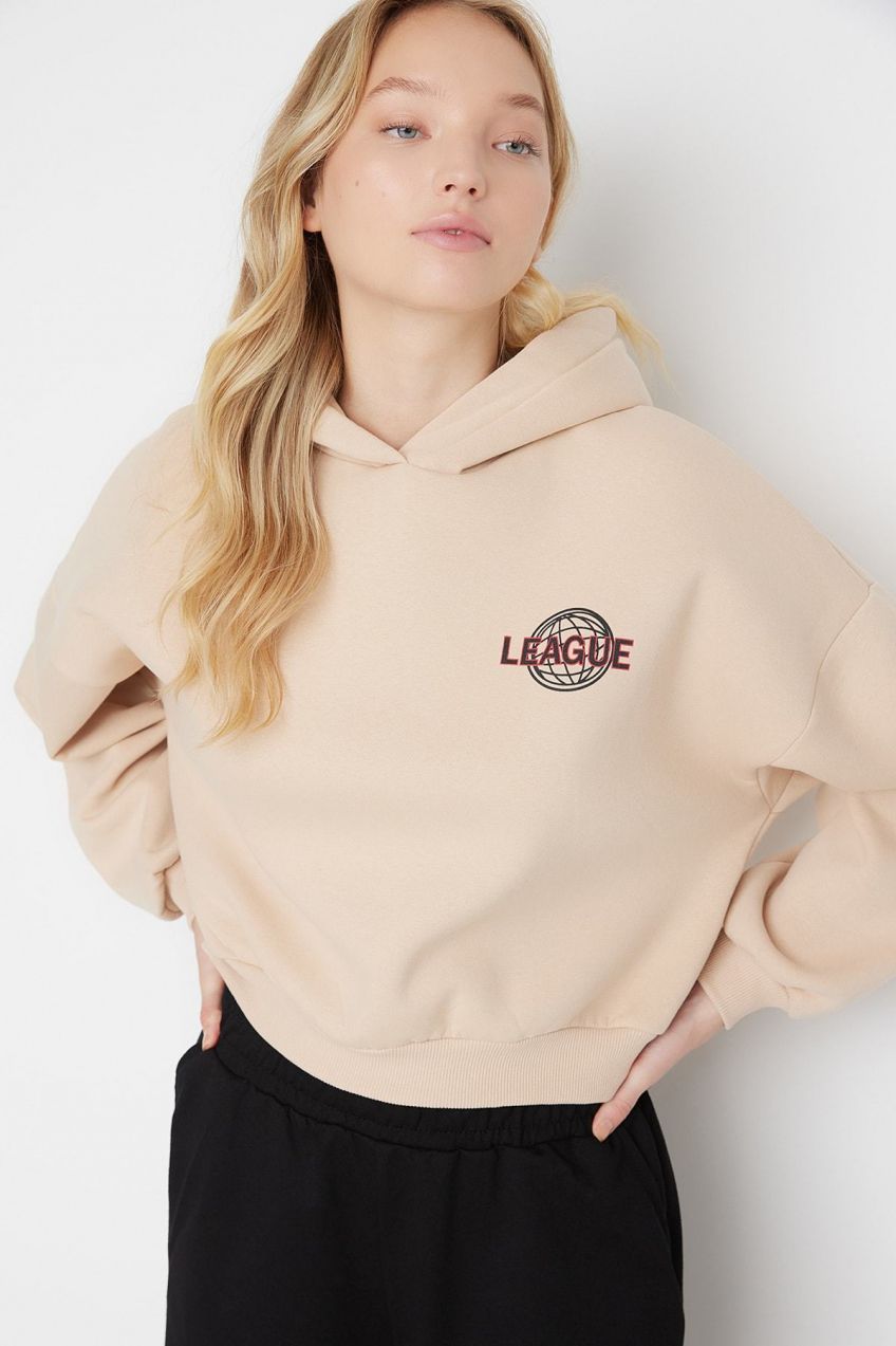 Trendyol Beige Back Print Detailed Hooded Thick Fleece Knitted Sweatshirt