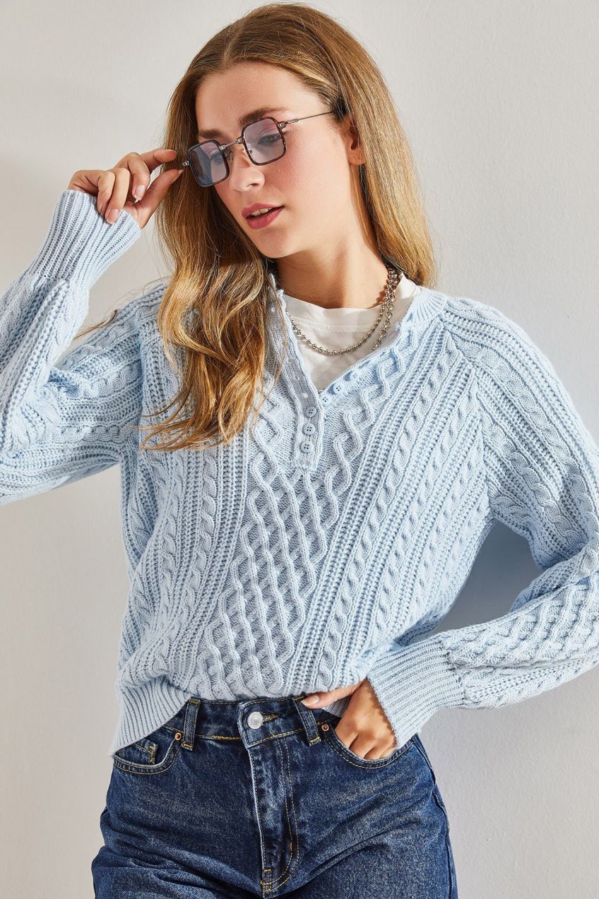 Bianco Lucci Women's Braided Buttoned Knitwear Sweater