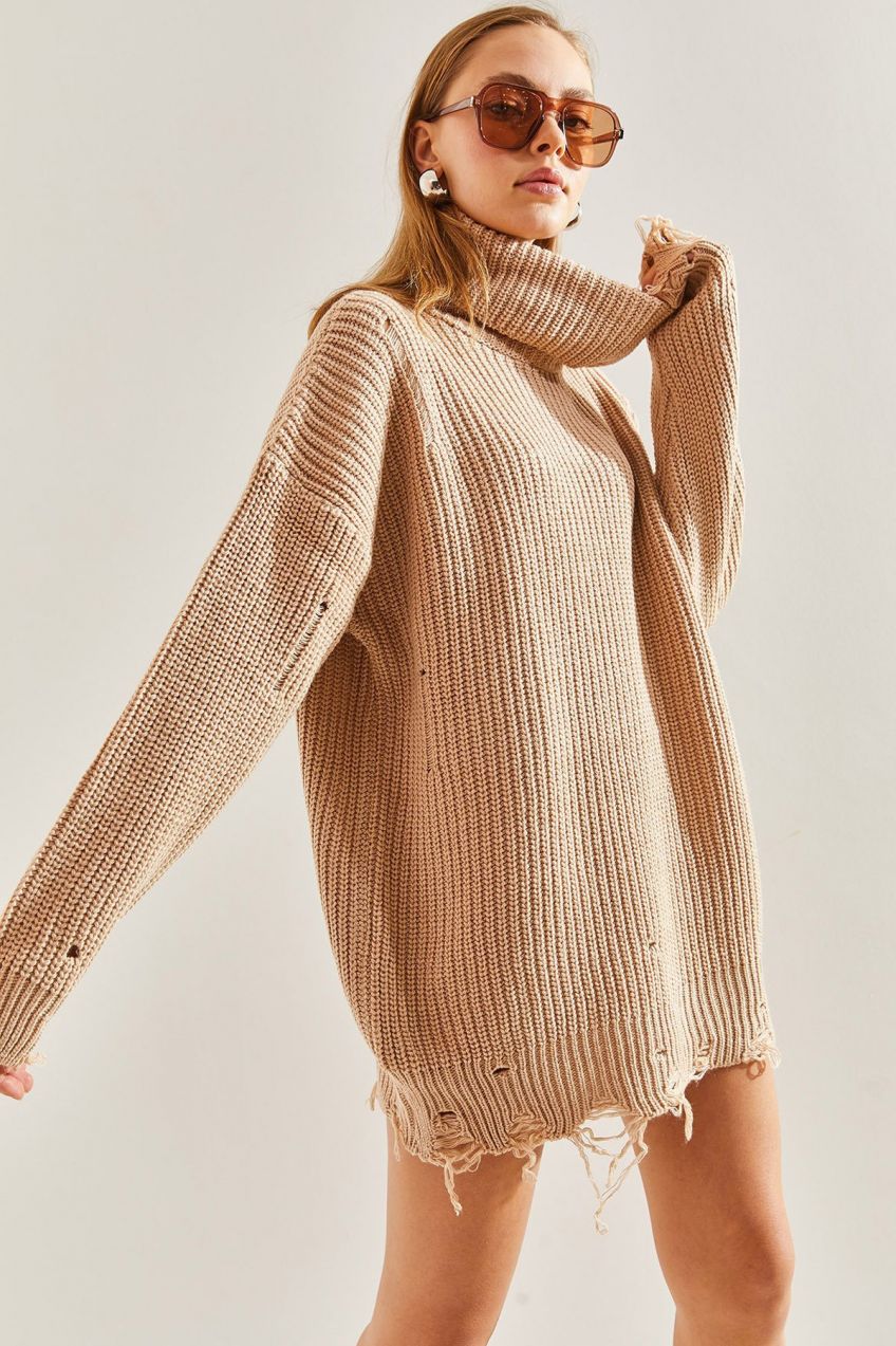 Bianco Lucci Women's Ripped Patterned Turtleneck Knitwear Sweater