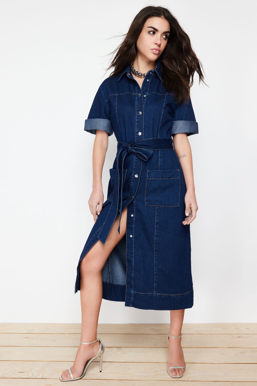 Trendyol Blue Belt Denim Maxi Dress