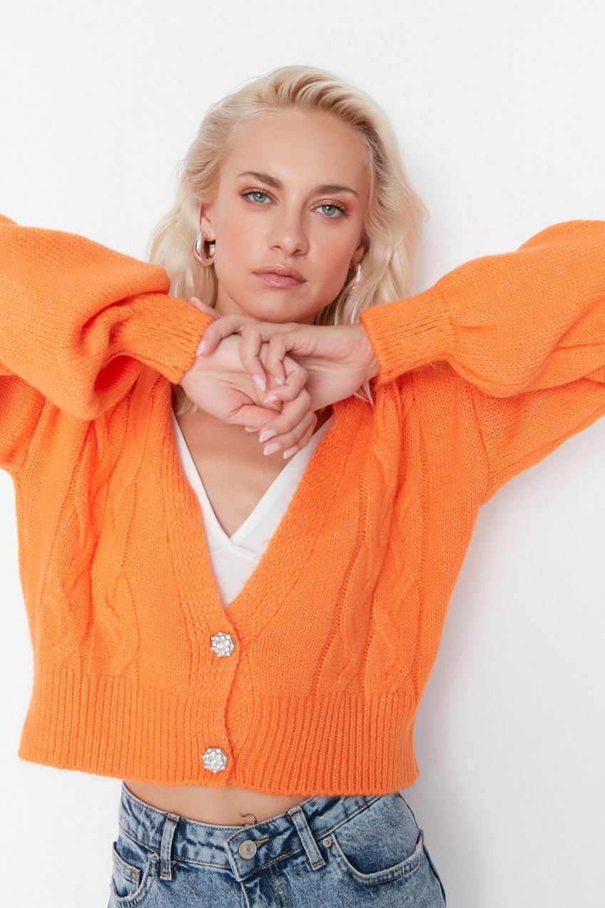 Trendyol Oranžový Crop Jemný textúrovaný pletený kardigán