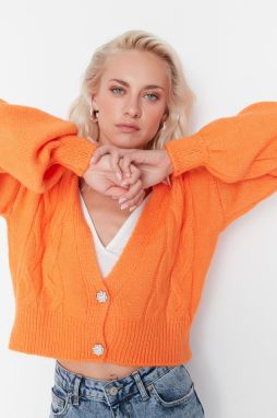 Trendyol Oranžový Crop Jemný textúrovaný pletený kardigán