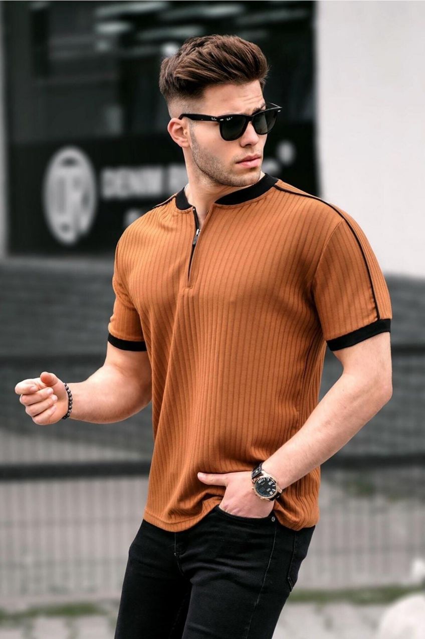 Madmext Camel Zips golier pánske česané česané bavlnené tričko.