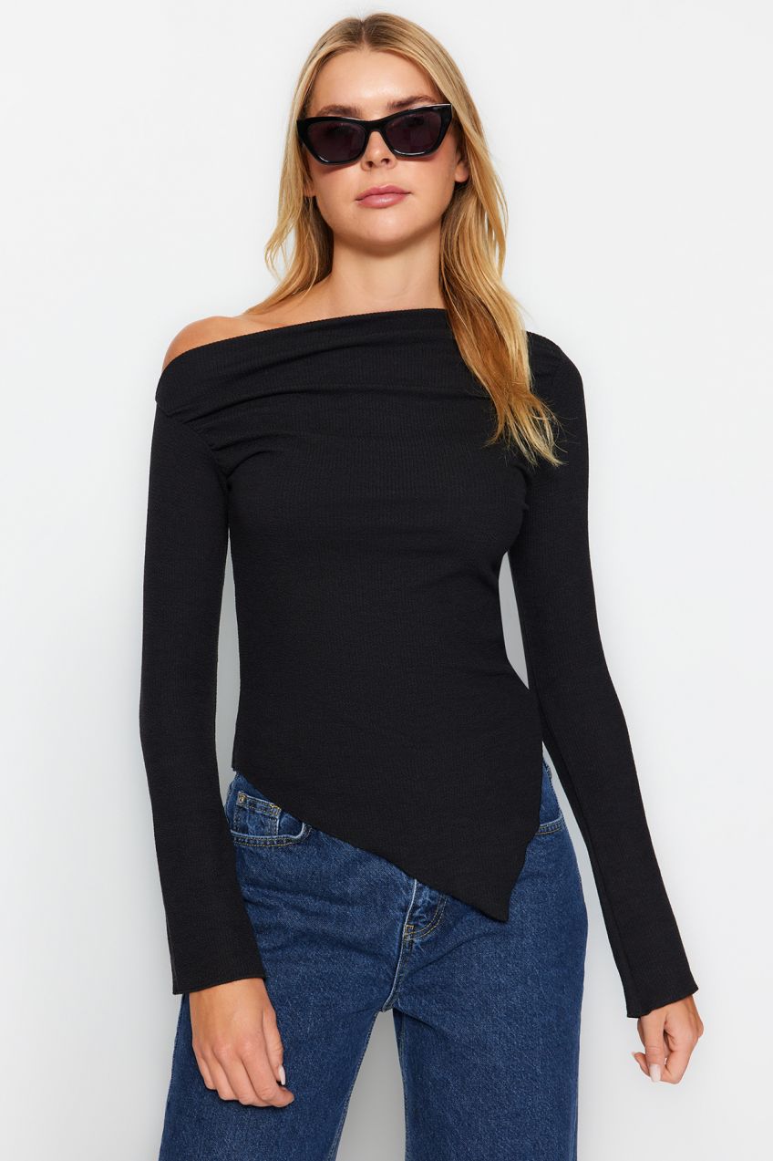 Trendyol Black Draped Boat Neck Asymmetrical Knitted Blouse