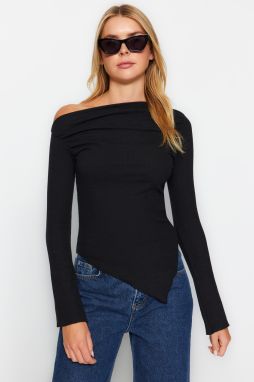 Trendyol Black Draped Boat Neck Asymmetrical Knitted Blouse