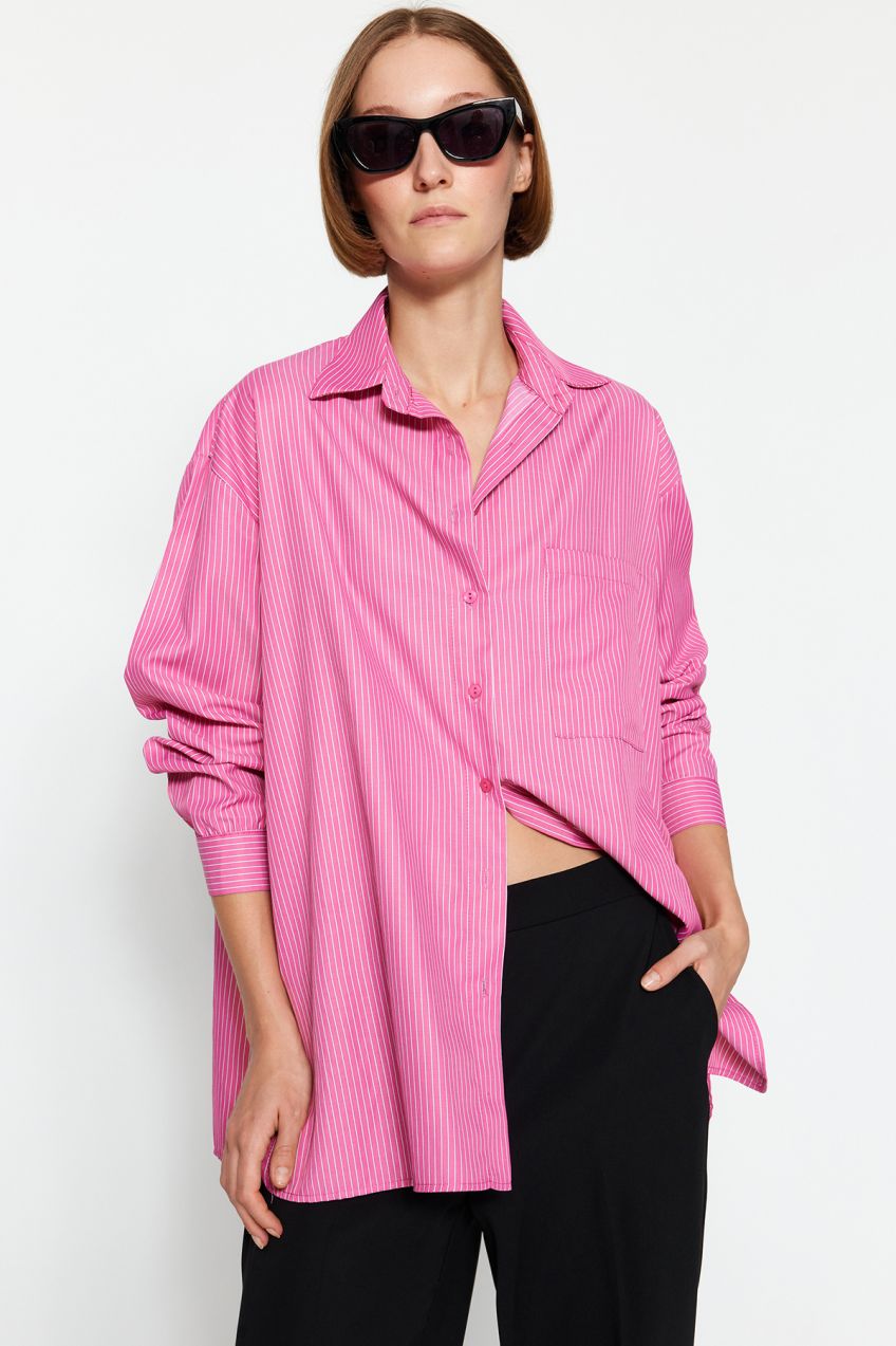 Trendyol Pink Oversize Wide Fit Striped Woven Shirt