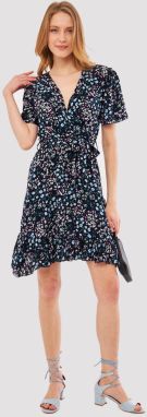 armonika Women's Navy Blue Tessera Dress Double Breasted Neck Skirt Frilly Patterned Mini Length