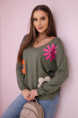 Sweater blouse with khaki floral pattern