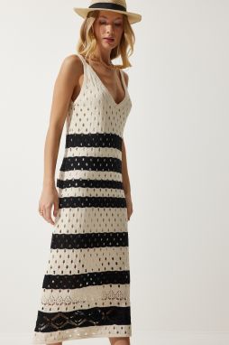Happiness İstanbul Women's Cream Black Strappy Striped Summer Knitwear Dress