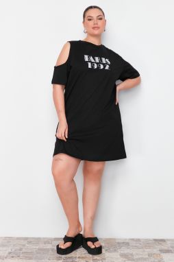 Trendyol Curve Black Lurex Print Detailed 100% Cotton Knitted Dress