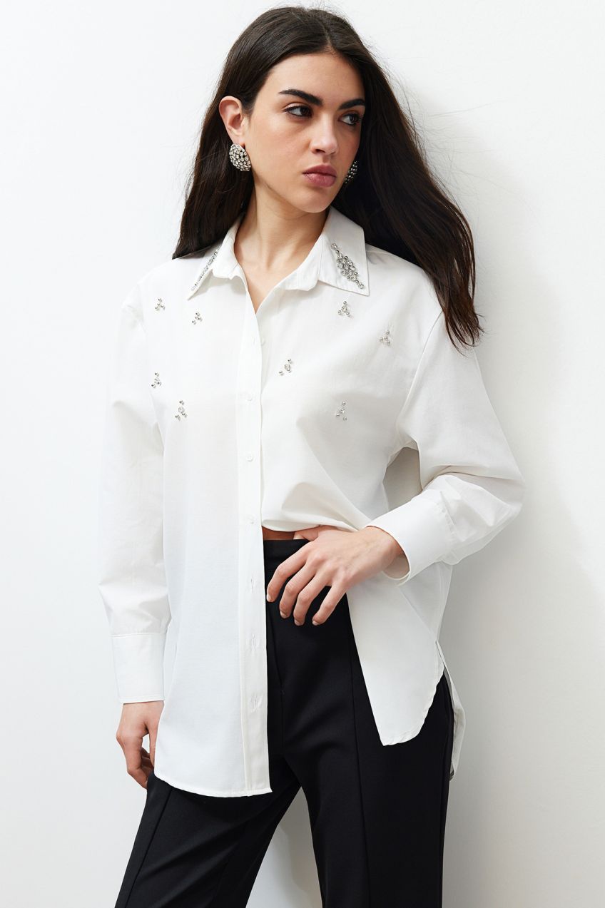 Trendyol Ecru Front Stone Detailed Regular Fit Woven Shirt