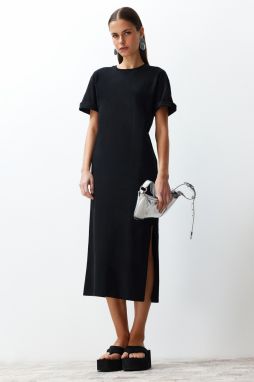 Trendyol Black Plain T-shirt Dress 100% Cotton Slit Detail Shift/Casual Fit Midi