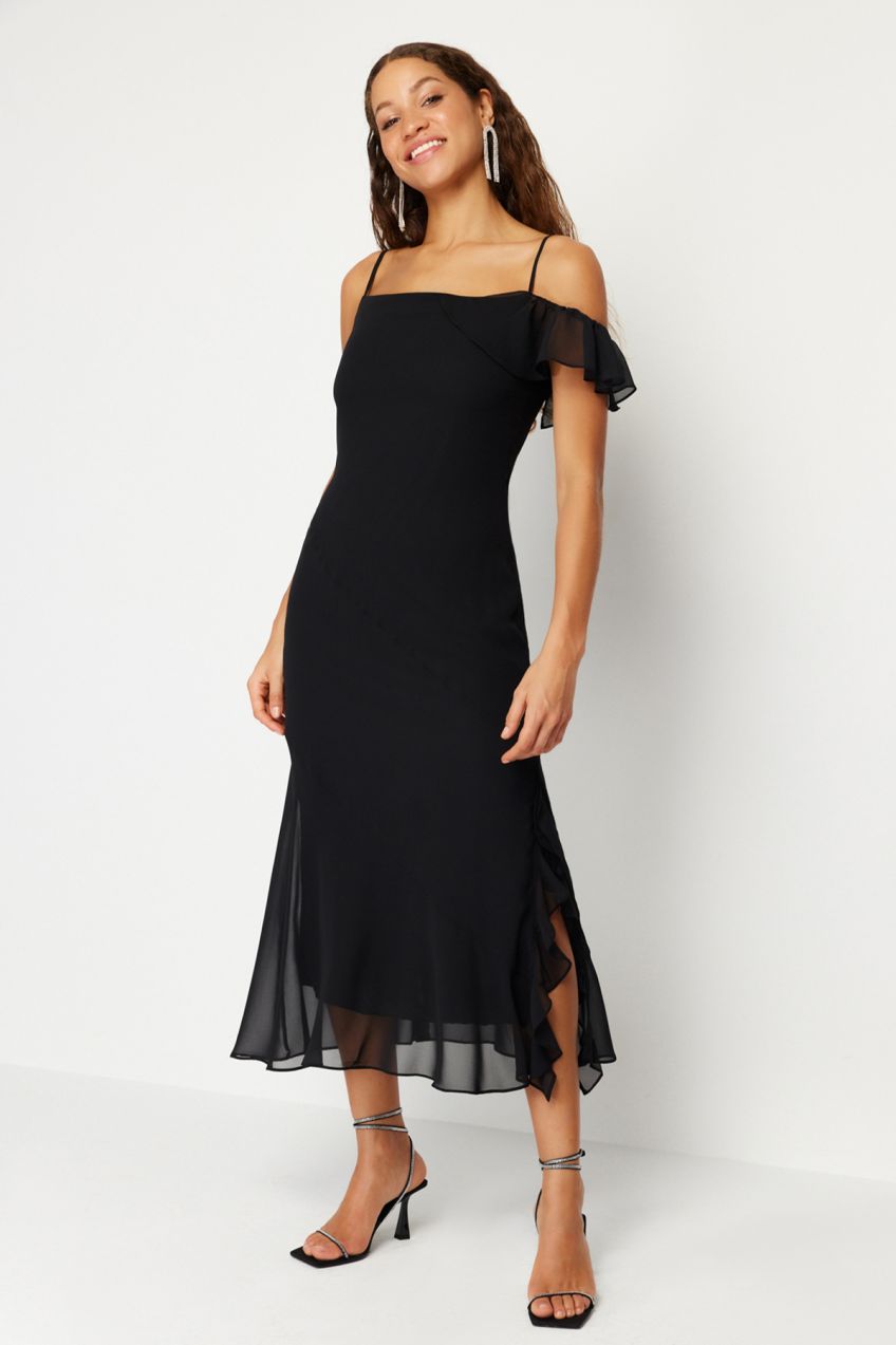 Trendyol Black Flounce Woven Chiffon Elegant Evening Dress