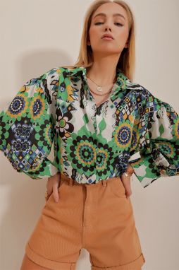 Trend Alaçatı Stili Women's Green Princess Ethnic Patterned Flamed Linen Woven Shirt