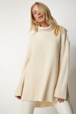 Šťastie İstanbul Dámsky Krém Rolák Oversized Pletený Sveter