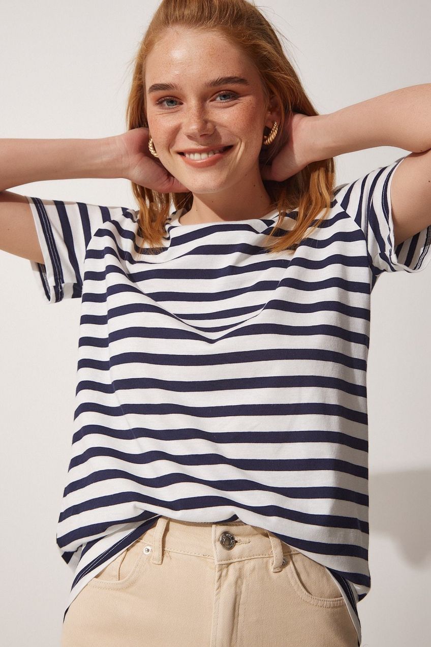 Happiness İstanbul Women's Navy Blue White Crew Neck Comfortable Striped Tshirt