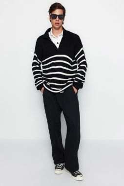 Trendyol Black Oversize Fit Wide Fit Polo Neck Striped Knitwear Sweater