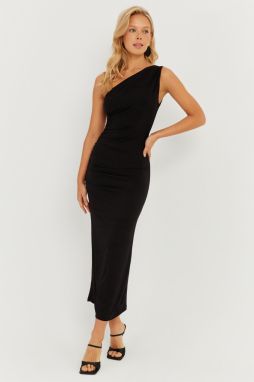 Cool & Sexy Women's Black Gathered One-Shoulder Midi Dress