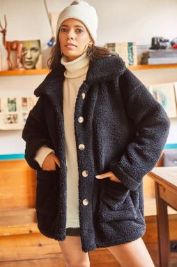 Olalook Women's Black Buttoned Pocket Unlined Oversize Plush Jacket