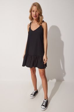 Happiness İstanbul Women's Black Tied Straps Summer Knitted Dress