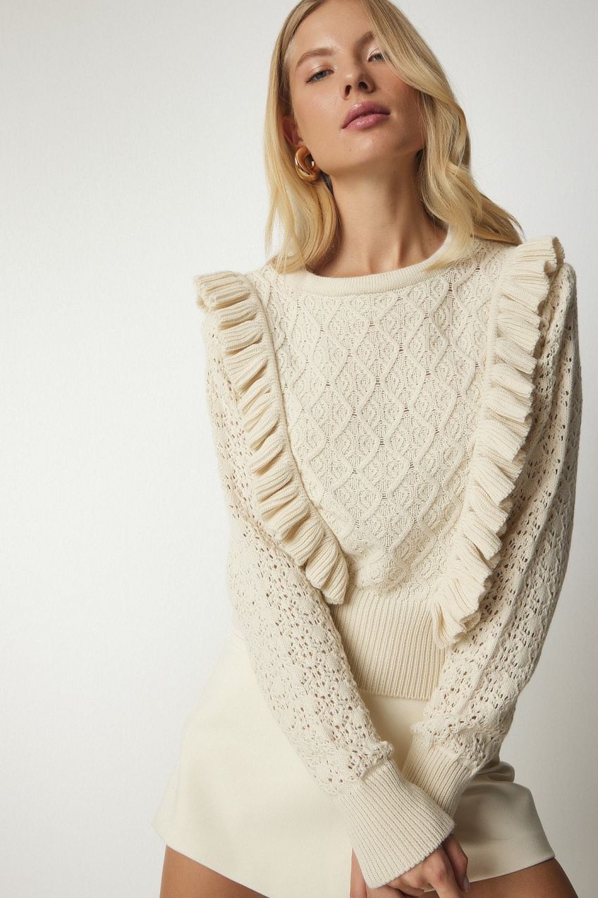 Happiness İstanbul Women's Cream Openwork Ruffle Detailed Knitwear Sweater
