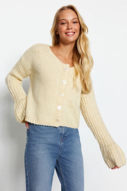 Trendyol béžový crop rukáv s výstrihom do V detailný pletený kardigán