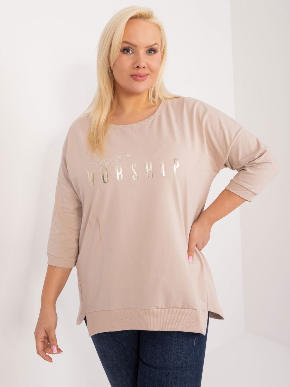 Beige plus size blouse with inscription