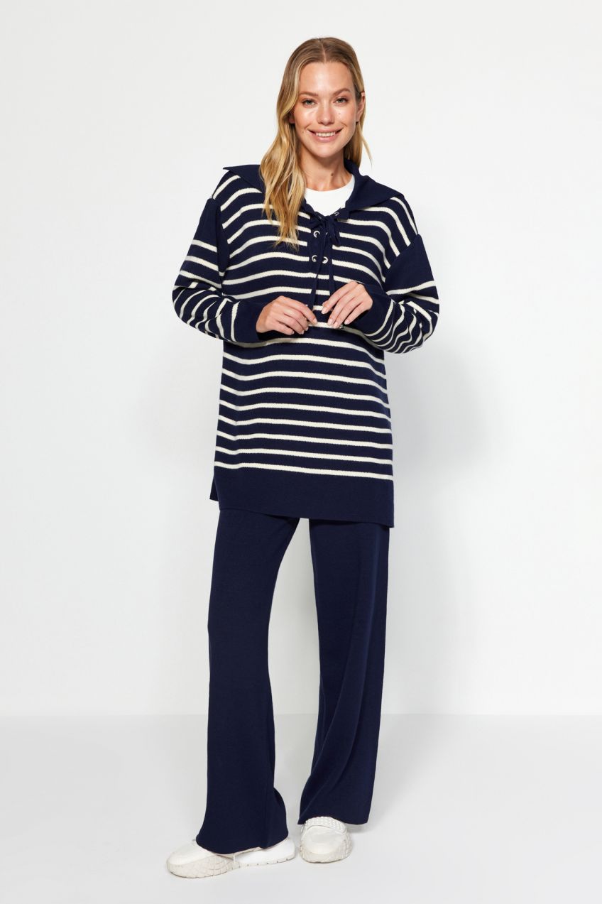 Trendyol Navy Blue Striped Collar Tie Detail Sweater-Trousers Knitwear Two Piece Set