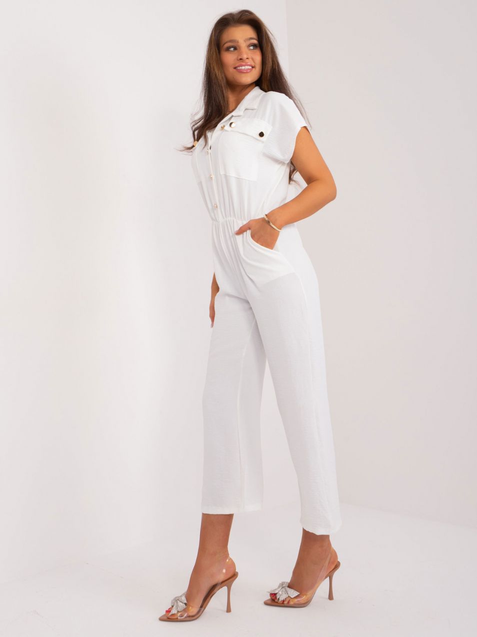 White women's jumpsuit with elastic waistband