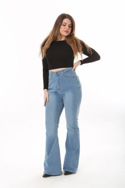 Şans Women's Plus Size Blue High Waist Wide Leg Lycra 5 Pocket Jeans