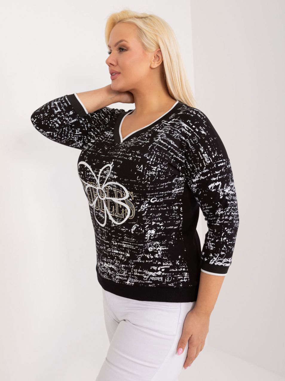 Plus size black cotton blouse with 3/4 sleeves